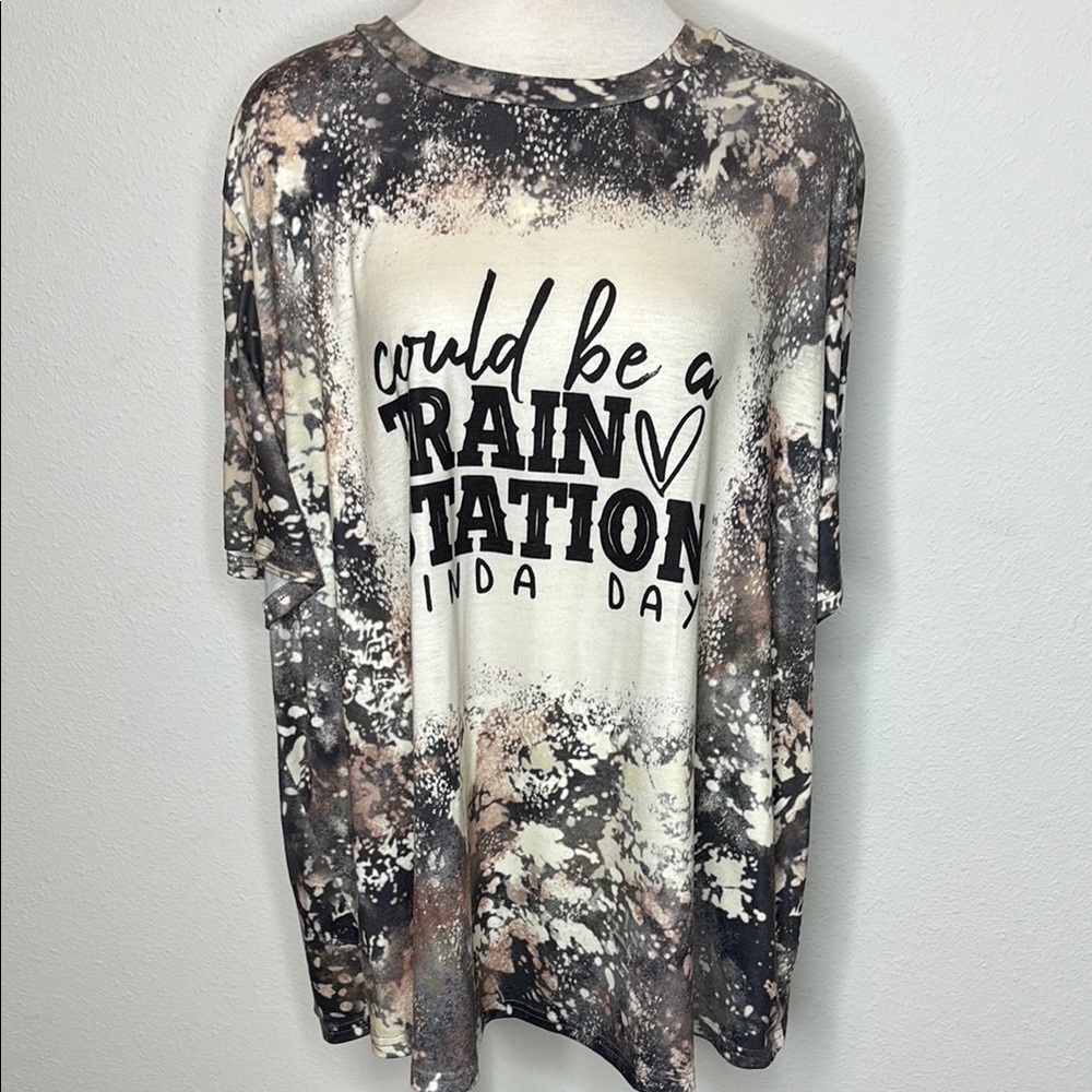 Emery Rose 3X Brown and cream Graphic Top “could be a train station kind of day”